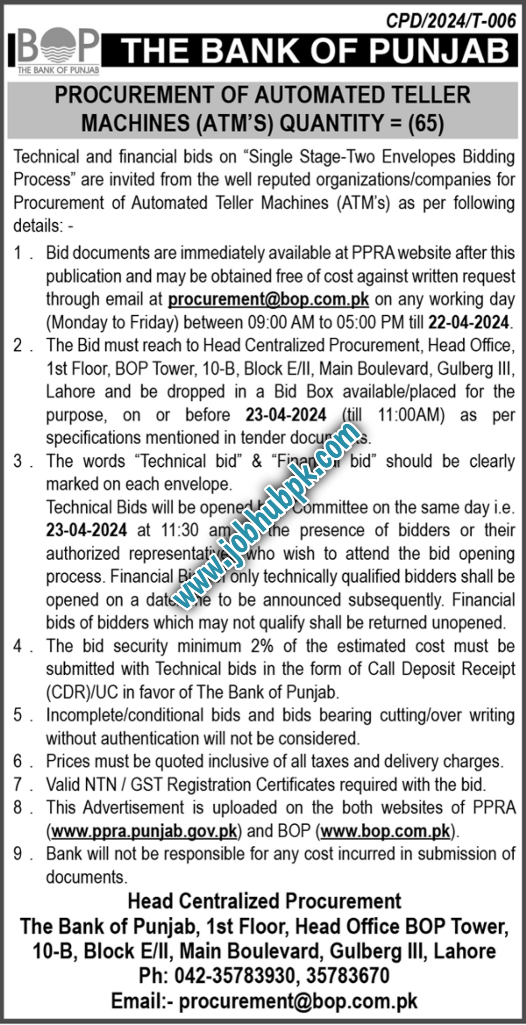  The Bank of Punjab's procurement of Automated Teller Machines