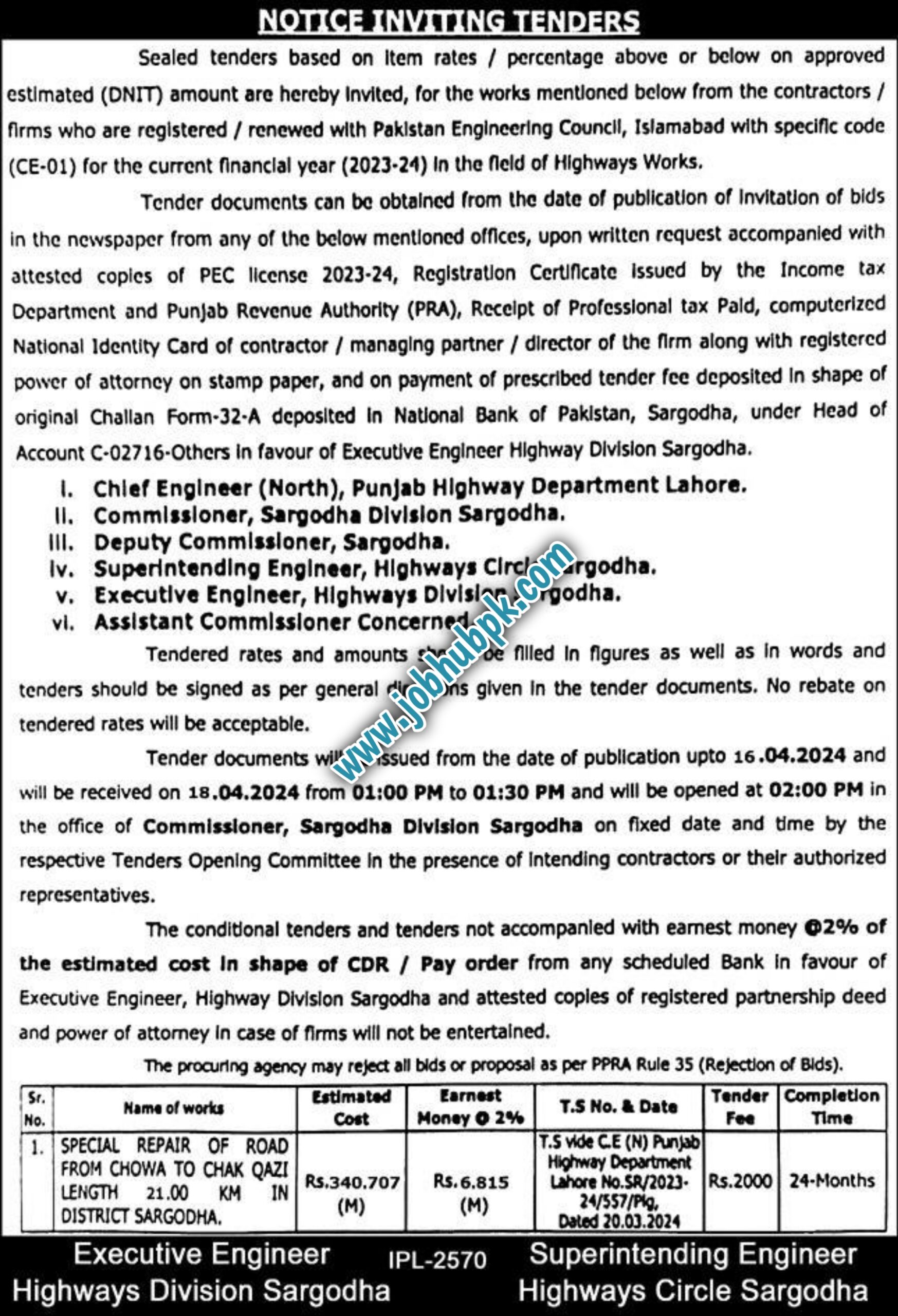 Highway Division Sargodha Tender for Special Repair of Road Chowa to Chak Qazi