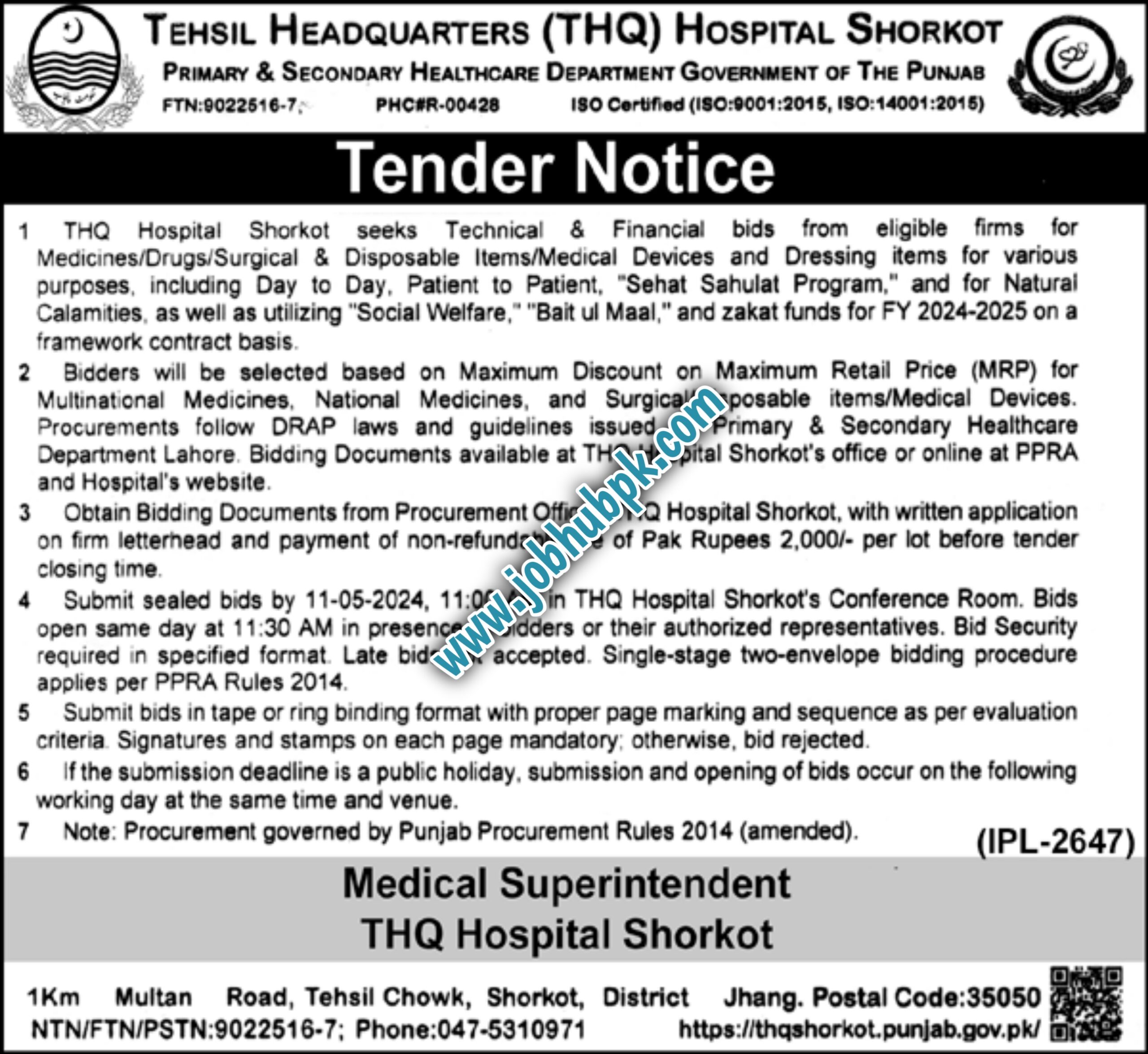 THQ Hospital Tender for Purchase of Medicines & Surgical Item